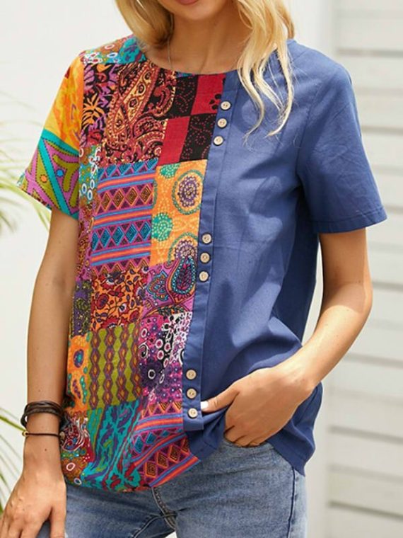 Blue Folk Style Print Casual Daily Round Neck Short Sleeve T-shirt