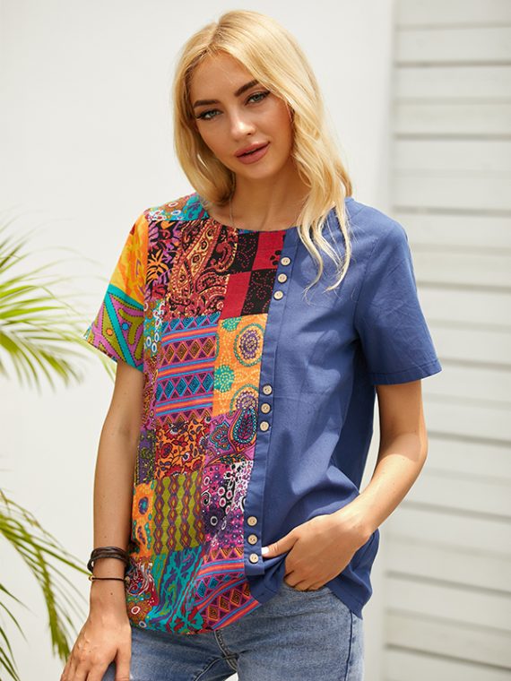 Blue Folk Style Print Casual Daily Round Neck Short Sleeve T-shirt - Image 2