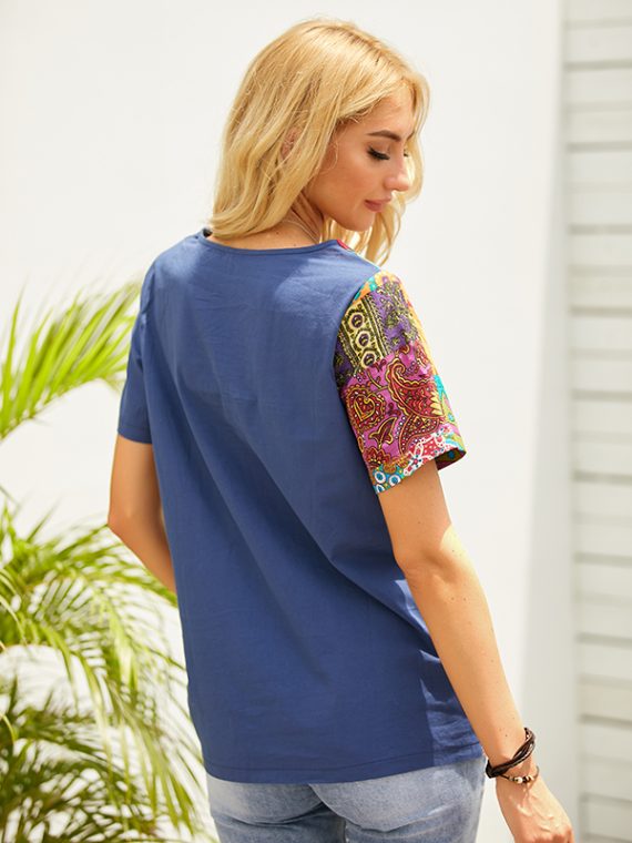 Blue Folk Style Print Casual Daily Round Neck Short Sleeve T-shirt - Image 3