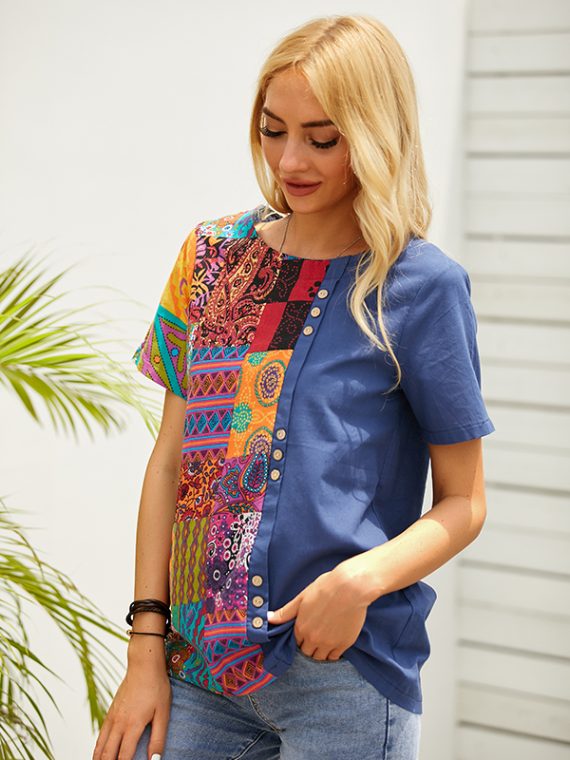 Blue Folk Style Print Casual Daily Round Neck Short Sleeve T-shirt - Image 4