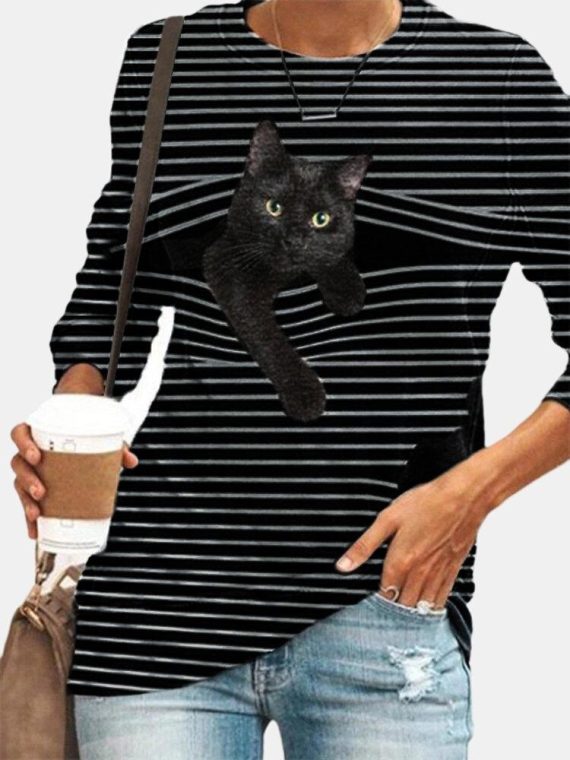 Casual Stripe Cat Print Casual Round Neck Long Sleeve T-shirt - Image 2
