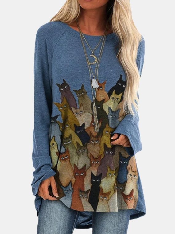 Cat Print Casual O-neck Long Sleeve T-shirt