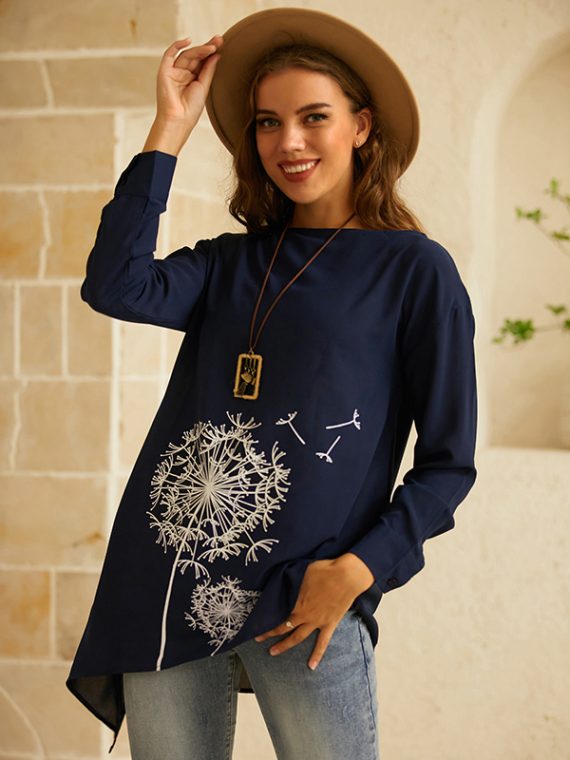 Black Floral Print Casual Daily Boat Neck Long Sleeve Shirts & Tops - Image 2