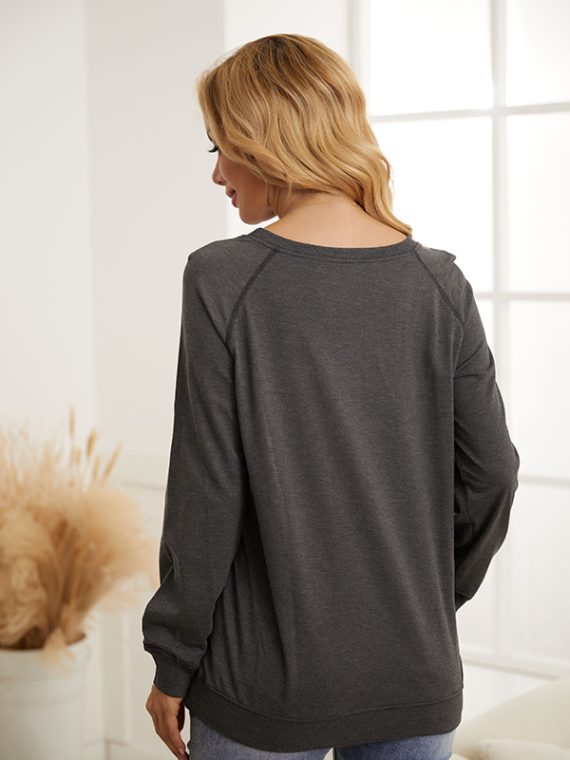 Dark Grey Casual Graphic Tops Round Neck Long Sleeve Alphabet Printed Sweatshirts - Image 2
