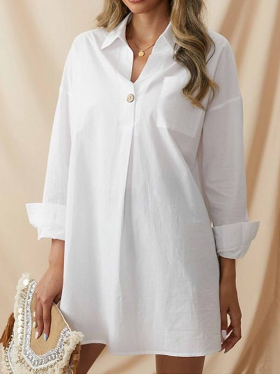 Collared V-neck Plain Summer Casual Long Sleeve Tops