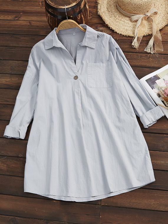 Collared V-neck Plain Summer Casual Long Sleeve Tops - Image 6