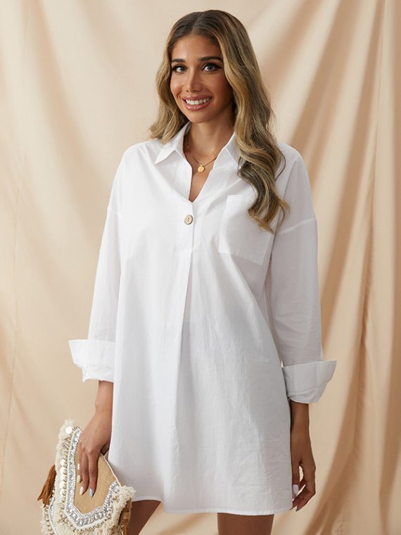 Collared V-neck Plain Summer Casual Long Sleeve Tops - Image 4