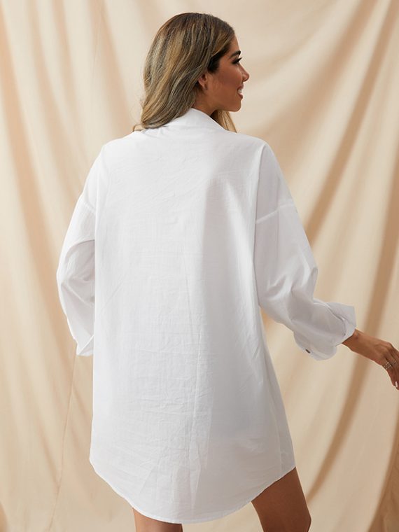 Collared V-neck Plain Summer Casual Long Sleeve Tops - Image 5