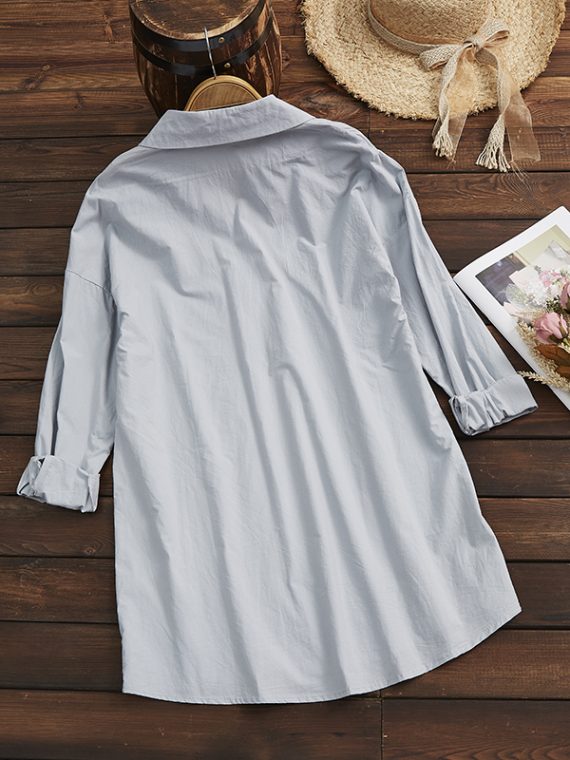 Collared V-neck Plain Summer Casual Long Sleeve Tops - Image 7