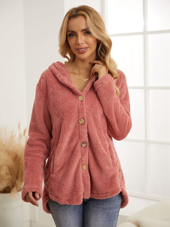 Casual Long Sleeve Solid Button Warm Hooded Coat With Pockets - Image 5
