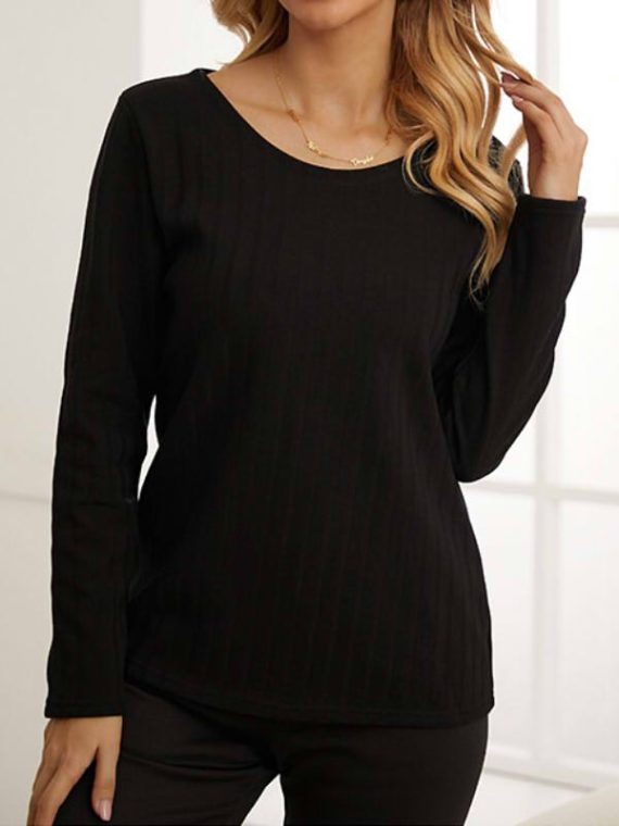 Black Solid Cashmere Round Neck Long Sleeve Warm Tops