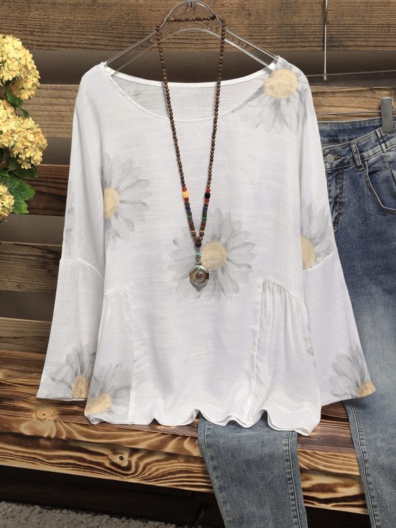 Casual Sunflower Printed Round Neck Blouse - Image 6