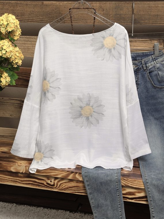 Casual Sunflower Printed Round Neck Blouse - Image 7