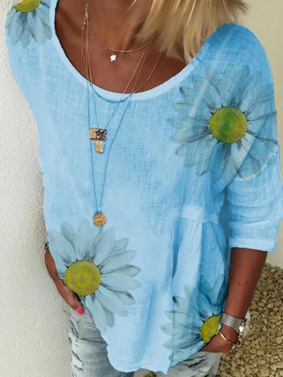 Casual Sunflower Printed Round Neck Blouse - Image 3