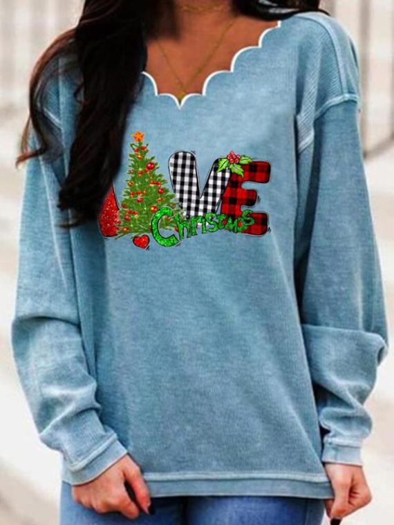 Casual Graphic Tops V-neck Long Sleeve  Xmas Tree Printed Sweatshirts