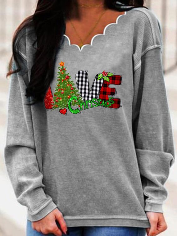 Casual Graphic Tops V-neck Long Sleeve  Xmas Tree Printed Sweatshirts - Image 2