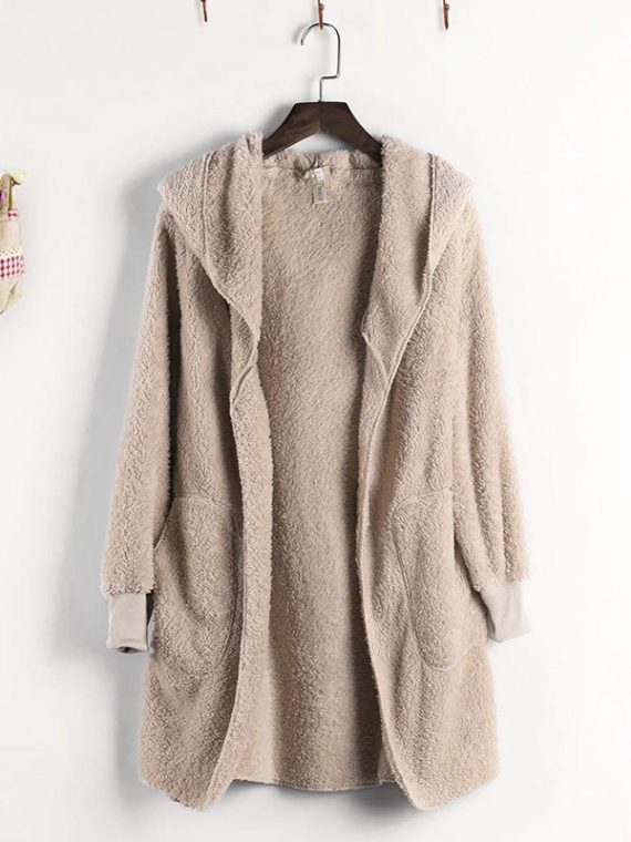 Apricot Solid Casual Hooded Long Sleeve Fleece Coats
