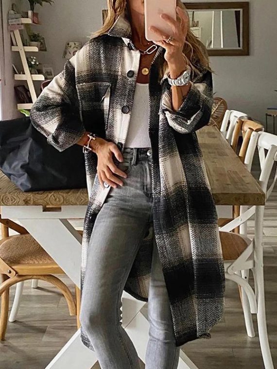 Black Casual Lapel Long Sleeve Plaid Printed Coats