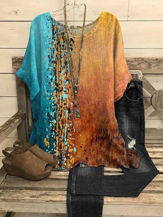 Colorful Casual Graphic Tops Round Neck Half Sleeve Splicing Blouse
