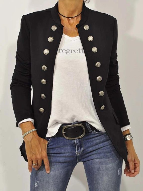 Black Casual Stand Collar Long Sleeve Jacket
