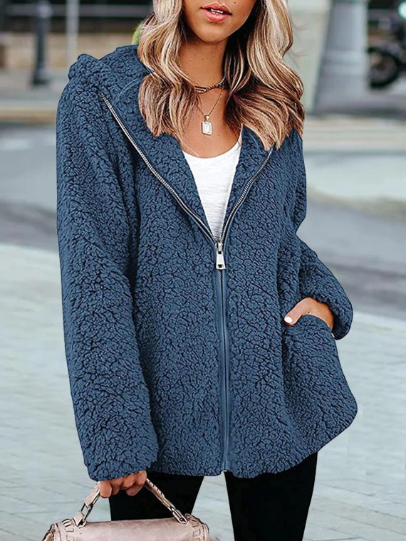 Casual Zipper-Up Long Sleeve Hooded Fleece Jacket With Pockets