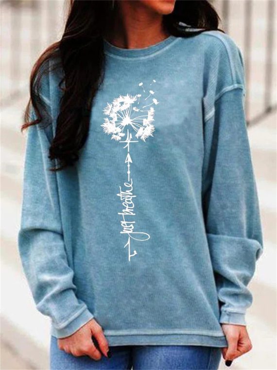 Blue Casual Graphic Tops Round Neck Long Sleeve Sweatshirts