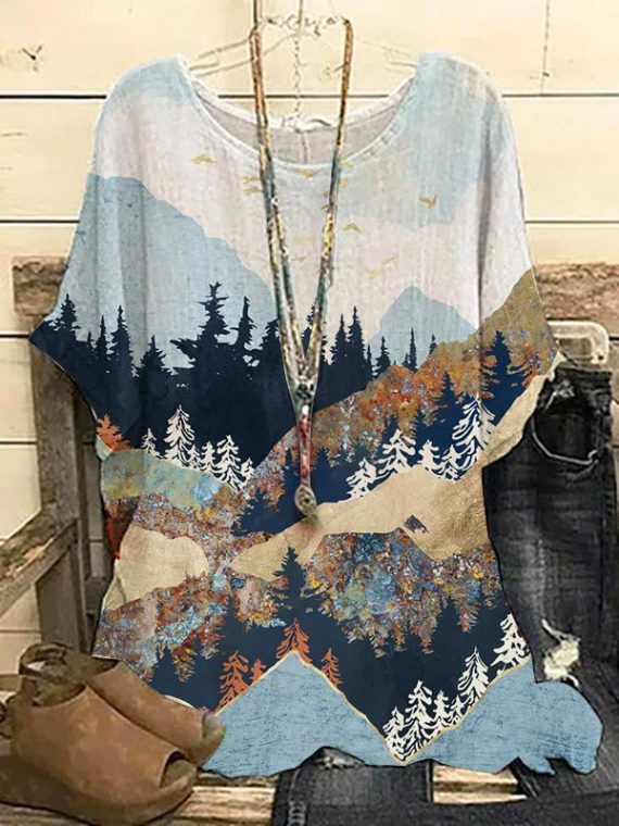 Casual Graphic Tops Round Neck Landscape Printed Short Sleeve Blouse