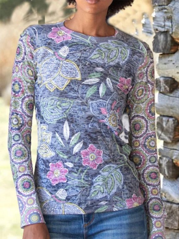 Blue Casual Graphic Tops Round Neck Floral Printed Long Sleeve Blouse