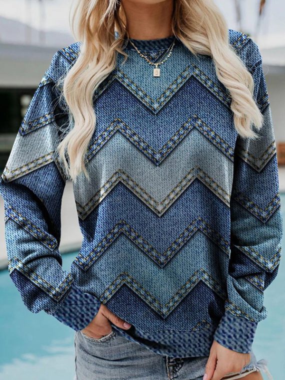 Blue Casual Tops Round Neck Long Sleeve Geometric Printed Sweatshirts