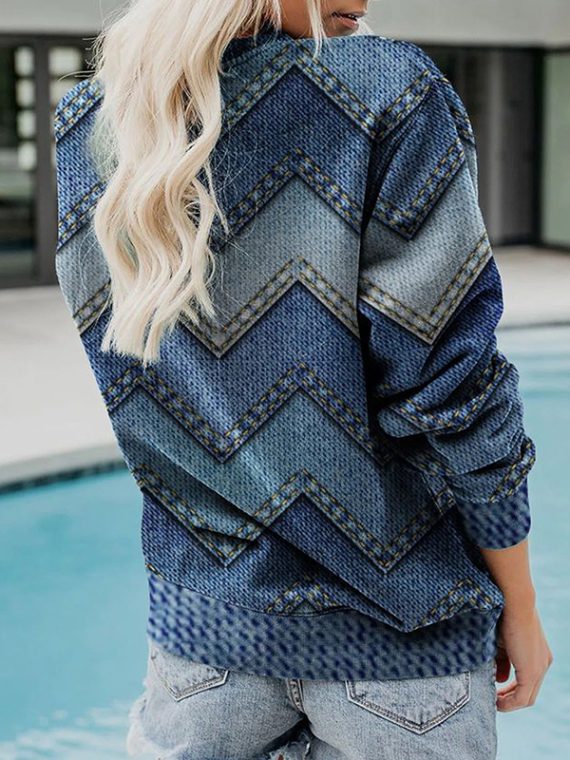 Blue Casual Tops Round Neck Long Sleeve Geometric Printed Sweatshirts - Image 2