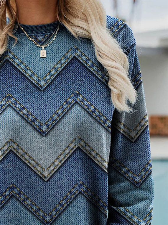 Blue Casual Tops Round Neck Long Sleeve Geometric Printed Sweatshirts - Image 3