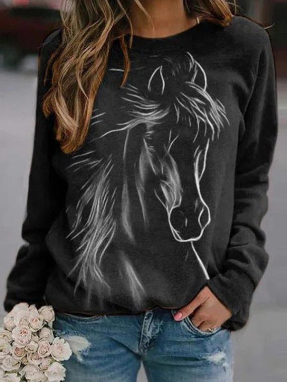 Black Casual Graphic Tops Round Neck Long Sleeve Horse Printed Sweatshirts