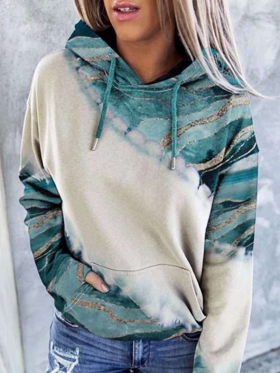 Blue Casual Tops Long Sleeve Patchwork Printed Hoodies