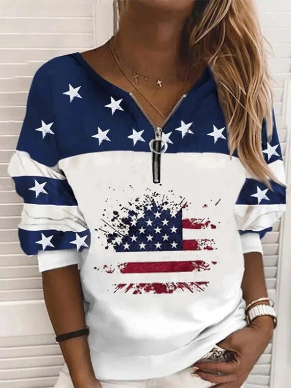 Blue Casual Graphic Tops V-neck Long Sleeve American US Flag Printed Sweatshirts