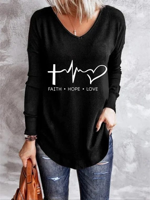 Black Casual Graphic Tops V-neck Long Sleeve Character Printed Sweatshirts