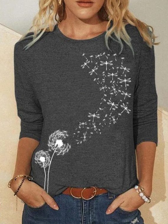 Deep Gray Casual Graphic Tops Round Neck Long Sleeve Dandelion Printed Sweatshirts