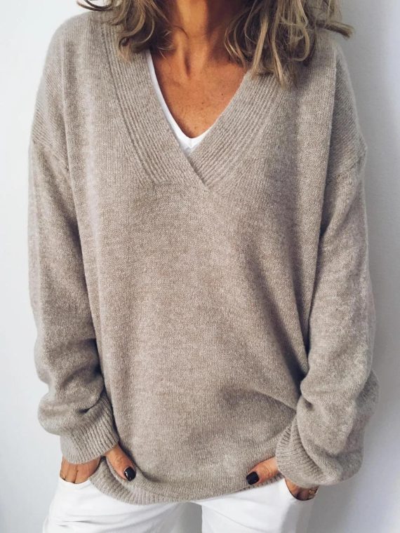 Apricot Casual V Neck Solid Long Sleeve Sweater