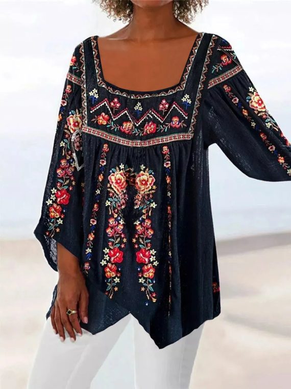 Casual Graphic Tops Square Neck Floral Printed Long Sleeve Blouse