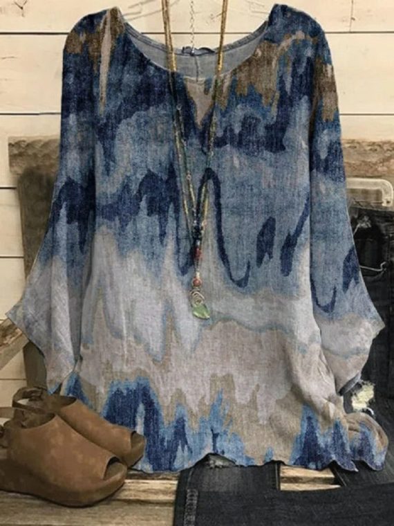 Blue Casual Graphic Tops Round Neck Printed Long Sleeve Blouse