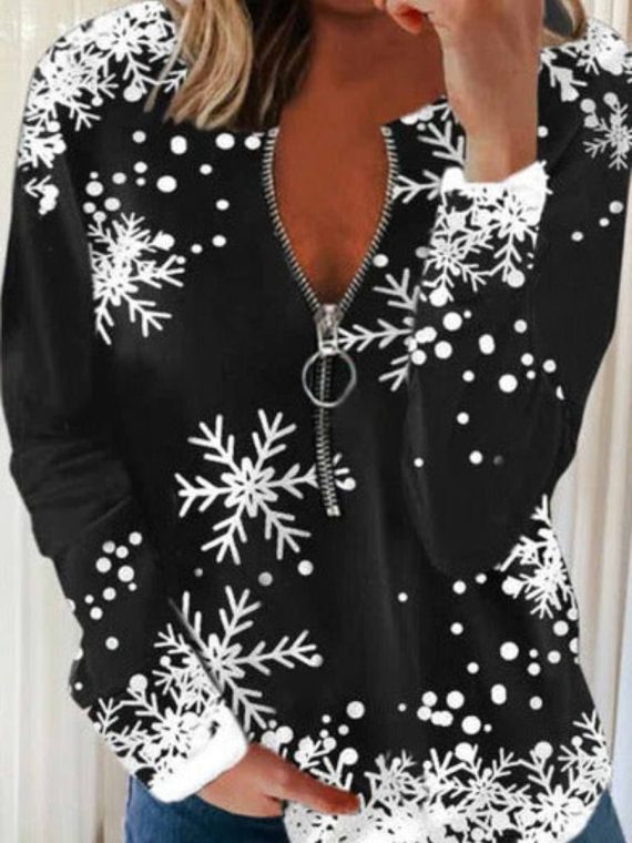 Crew Neck Long Sleeve Zipper Snowflake Printed Sweatshirt