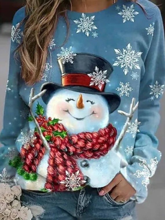 Christmas Snowman Print Crew Neck Long Sleeve Sweatshirt