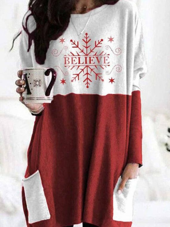 Christmas Print Pockets Crew Neck Long Sleeve Sweatshirt