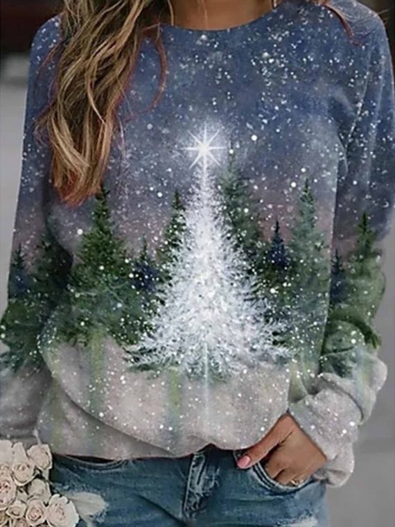 Christmas Tree Print O-neck Long Sleeve Sweatshirt