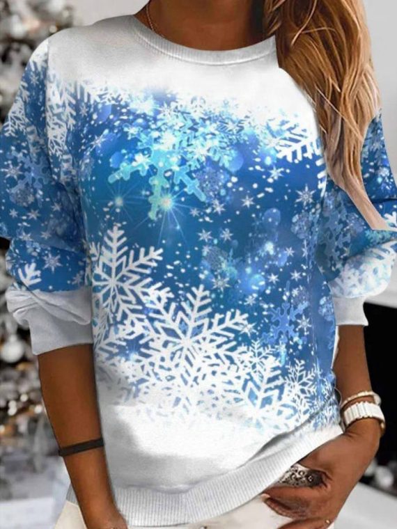 Christmas Snowflake Print Crew Neck Long Sleeve Sweatshirt