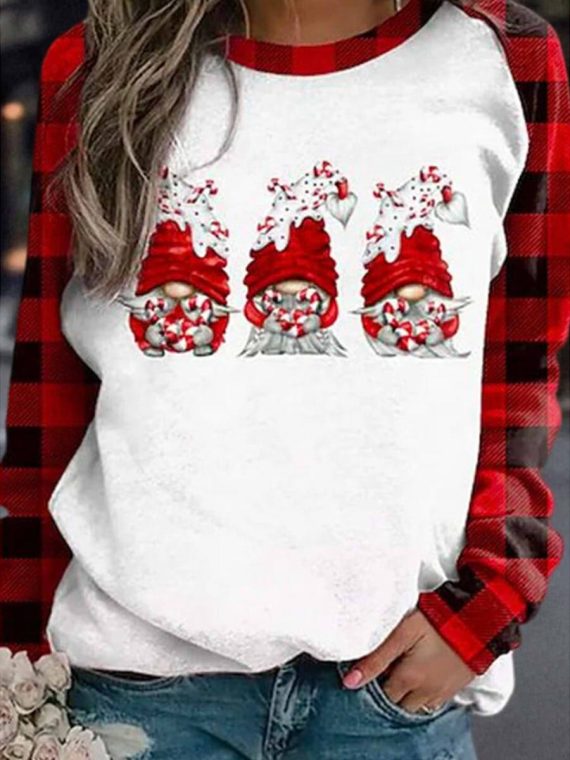 Christmas Gnomes Plaid Print Crew Neck Long Sleeve Sweatshirt