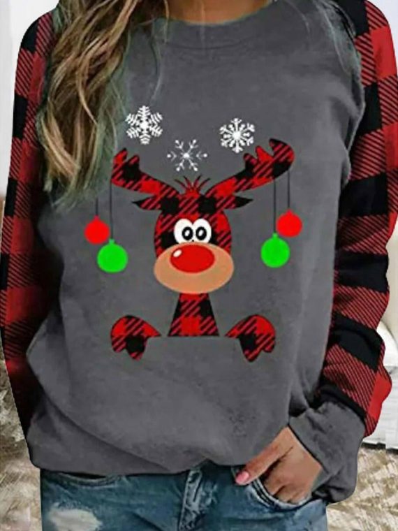 Christmas Cartoon Deer Print Crew Neck Long Sleeve Sweatshirt