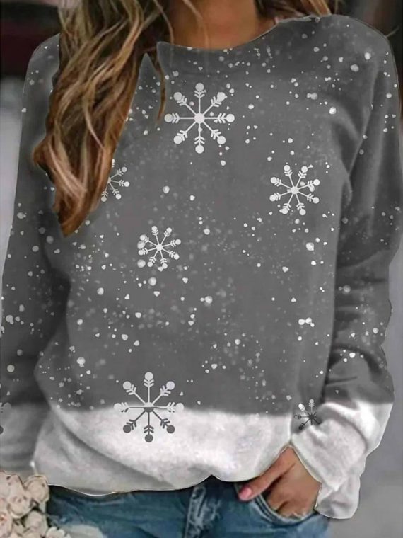 Christmas Snowflake Print O-neck Long Sleeve Sweatshirt