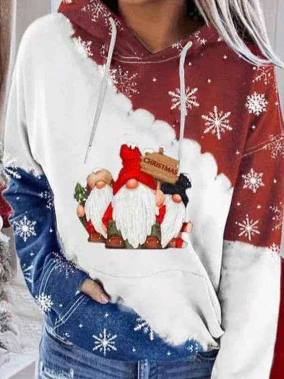 Christmas Gnomes Print Pockets Hooded Long Sleeve Sweatshirt