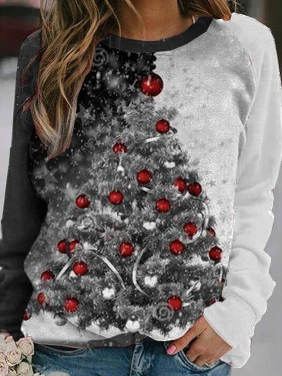 Christmas Tree Print Crew Neck Long Sleeve Sweatshirt