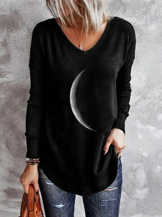 Black Casual Graphic Tops V Neck Moon Printed Long Sleeve Blouse